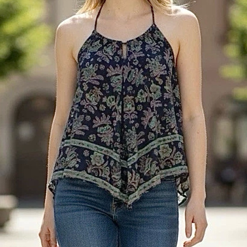 NWT AEO Halter Tank Women’s Handkerchief Cross-Back Navy Blue Floral Top Sz XS